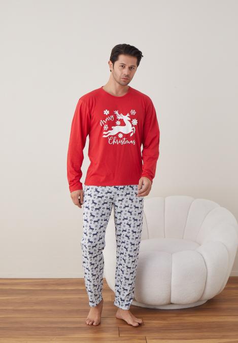 Pijama barbati Craciun "Chrystmas Merry" , maneca lunga ,pantaloni lungi,Culoare Rosu ,Engros